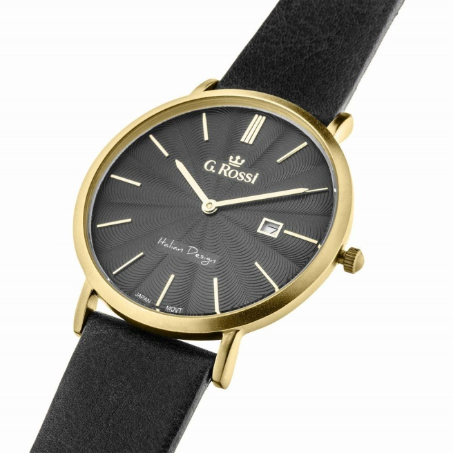 Zegarek Męski G.Rossi na czarnym skórzanym pasku. Złote wskazówki i indeksy na czarnej wzorzystej tarczy z datownikiem. Złota koperta zegarka w rozmiarze 40 mm.