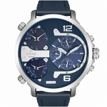 Zegarek męski G.Rossi na skórzanym pasku w kolorze niebieskim/granatowym. Srebrne indeksy i fluorescencyjne wskazówki na srebrno-niebieskiej tarczy z trzema czasami. Srebrna koperta zegarka o średnicy 51 mm.