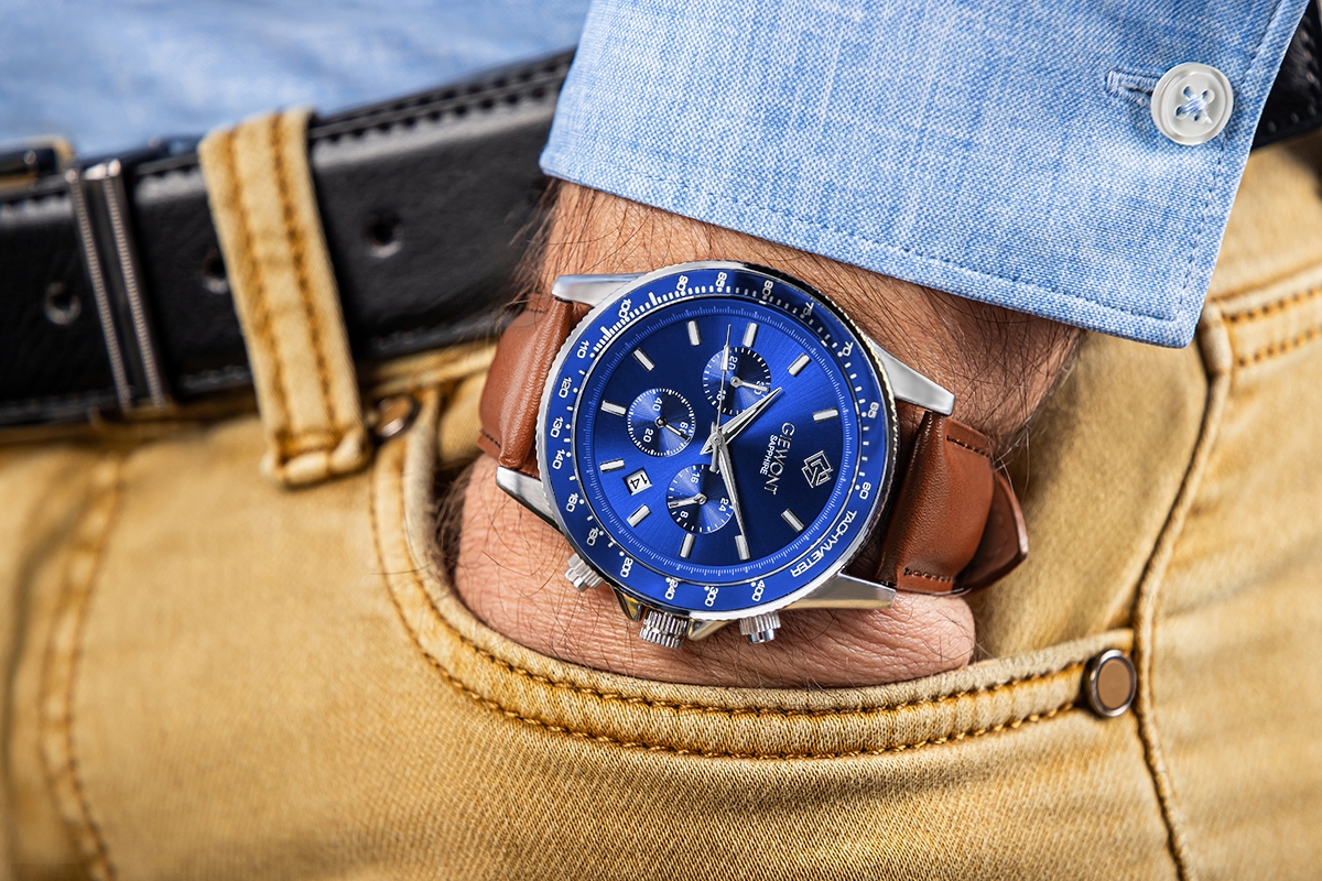 Zegarek męski Giewont GW3520-A5 Chronograph Sapphire na pasku brązowym, niebieska tarcza - zdjęcie 3 Zegarek męski Giewont GW3520-A5 Chronograph Sapphire na pasku brązowym, niebieska tarcza - zdjęcie 3