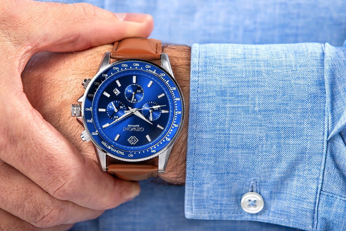 Zegarek męski Giewont GW3520-A5 Chronograph Sapphire na pasku brązowym, niebieska tarcza - zdjęcie 4 Zegarek męski Giewont GW3520-A5 Chronograph Sapphire na pasku brązowym, niebieska tarcza - zdjęcie 4