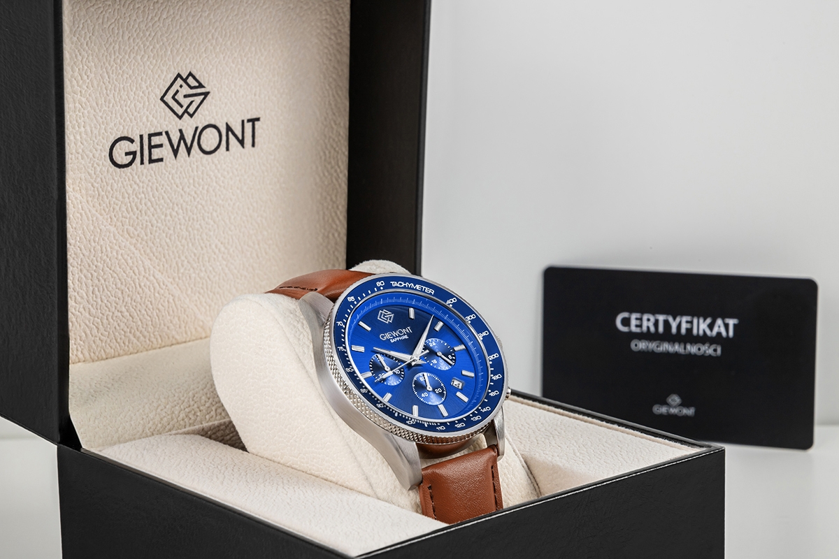 Zegarek męski Giewont GW3520-A5 Chronograph Sapphire na pasku brązowym, niebieska tarcza - zdjęcie 7 Zegarek męski Giewont GW3520-A5 Chronograph Sapphire na pasku brązowym, niebieska tarcza - zdjęcie 7