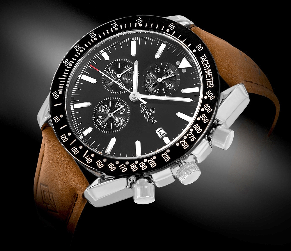 Zegarek męski Giewont GW8720-A1 Chronograph Sapphire na pasku brązowym, czarna tarcza - zdjęcie 2 Zegarek męski Giewont GW8720-A1 Chronograph Sapphire na pasku brązowym, czarna tarcza - zdjęcie 2