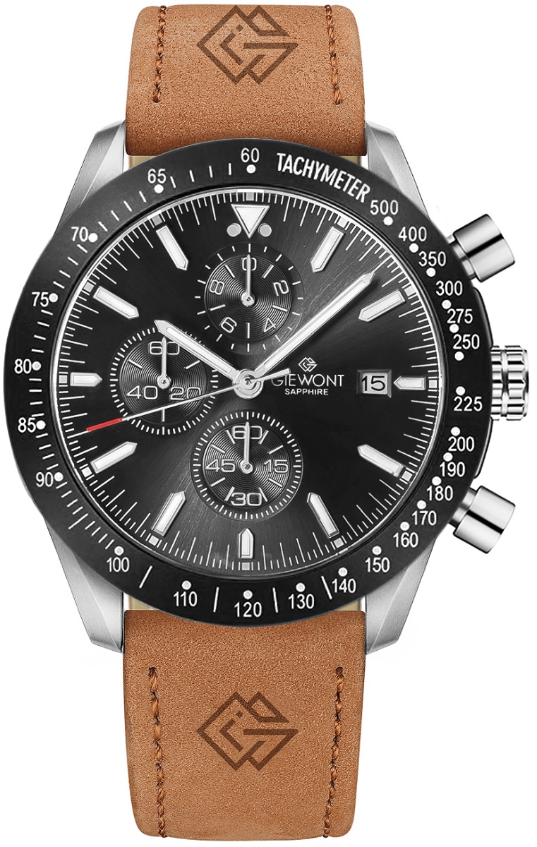 Zegarek męski Giewont GW8720-A1 Chronograph Sapphire na pasku brązowym, czarna tarcza Zegarek męski Giewont GW8720-A1 Chronograph Sapphire na pasku brązowym, czarna tarcza