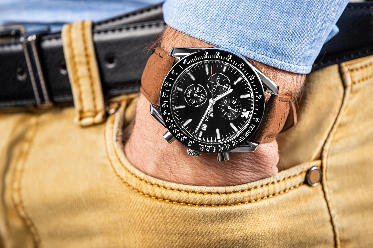 Zegarek męski Giewont GW8720-A1 Chronograph Sapphire na pasku brązowym, czarna tarcza - zdjęcie 3 Zegarek męski Giewont GW8720-A1 Chronograph Sapphire na pasku brązowym, czarna tarcza - zdjęcie 3