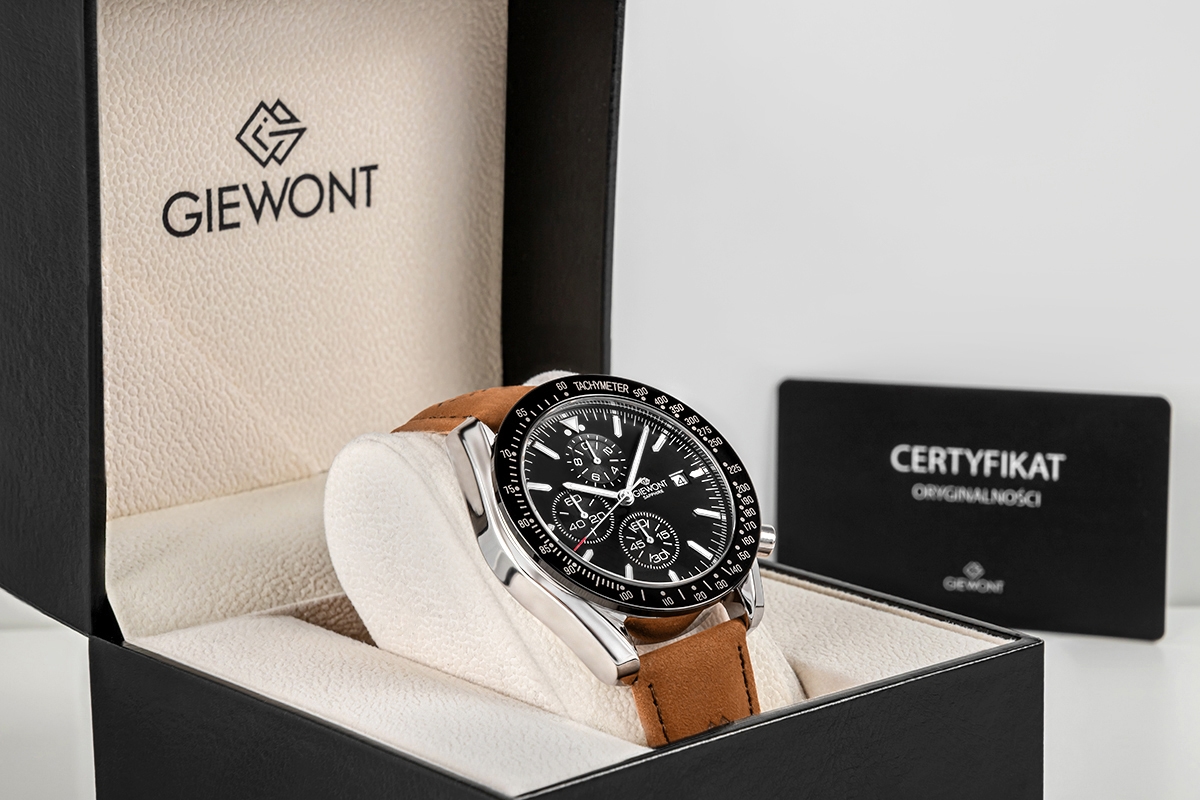 Zegarek męski Giewont GW8720-A1 Chronograph Sapphire na pasku brązowym, czarna tarcza - zdjęcie 8 Zegarek męski Giewont GW8720-A1 Chronograph Sapphire na pasku brązowym, czarna tarcza - zdjęcie 8