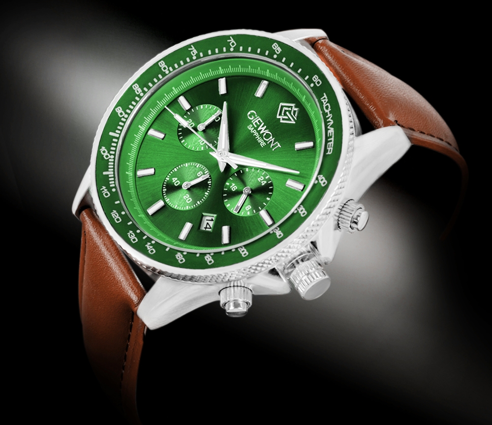 Zegarek męski Giewont GW3520-A6 Chronograph Sapphire na pasku brązowym, zielona tarcza - zdjęcie 2 Zegarek męski Giewont GW3520-A6 Chronograph Sapphire na pasku brązowym, zielona tarcza - zdjęcie 2
