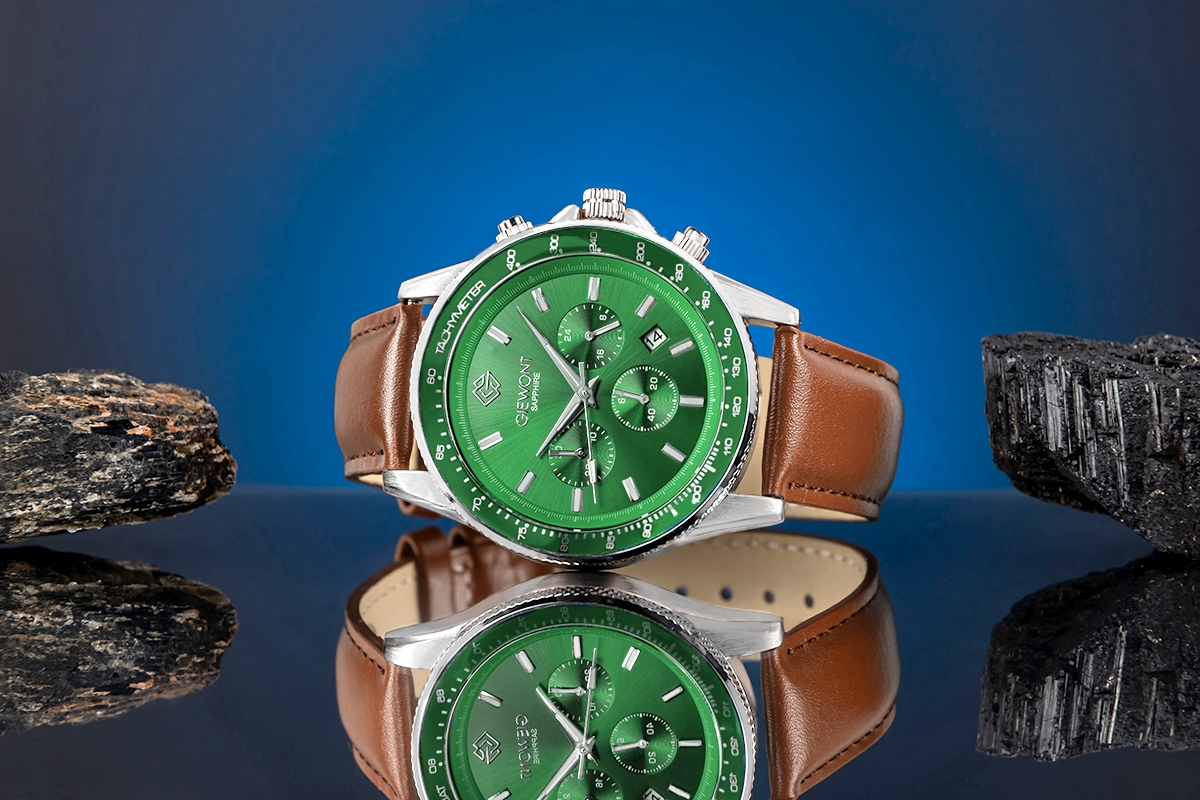 Zegarek męski Giewont GW3520-A6 Chronograph Sapphire na pasku brązowym, zielona tarcza - zdjęcie 5 Zegarek męski Giewont GW3520-A6 Chronograph Sapphire na pasku brązowym, zielona tarcza - zdjęcie 5