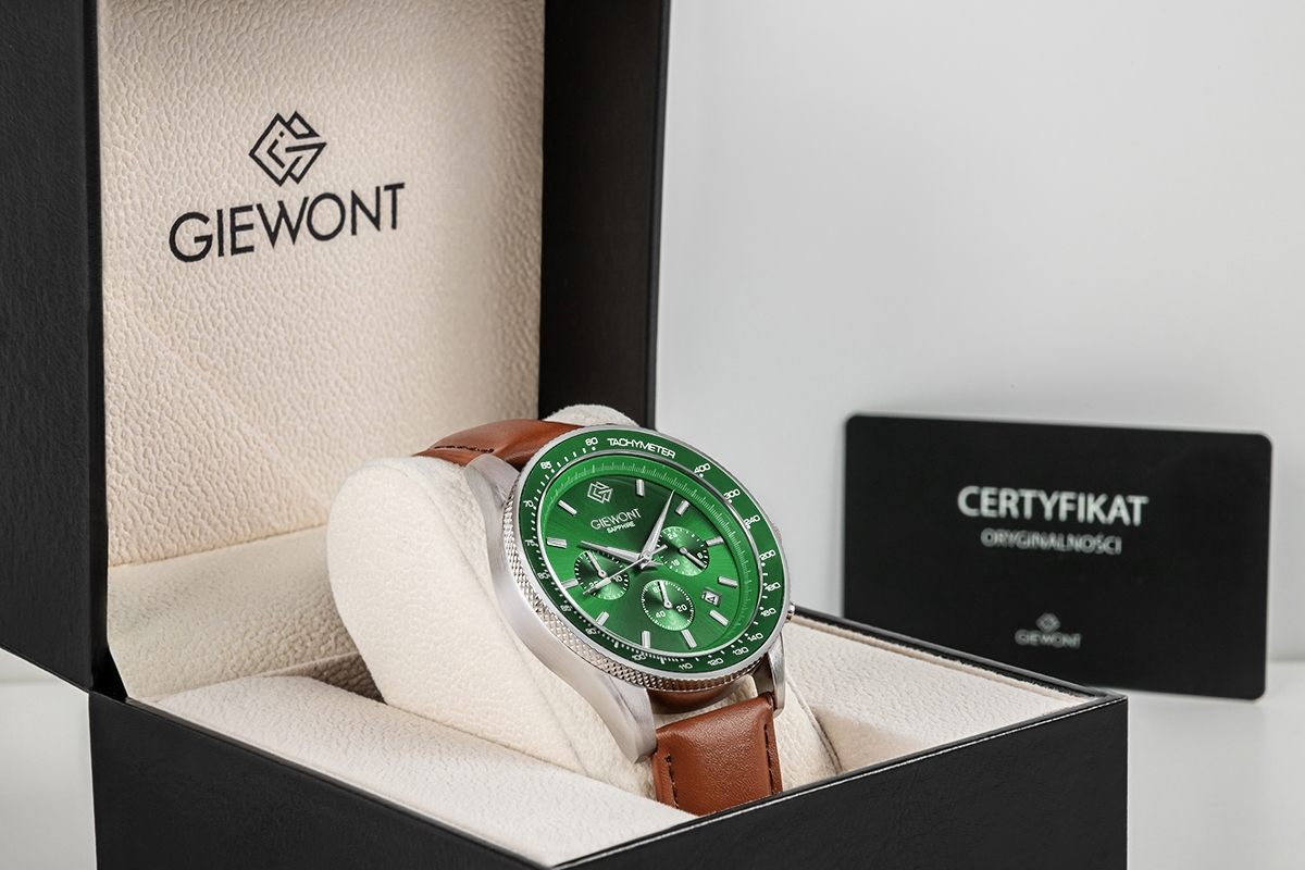 Zegarek męski Giewont GW3520-A6 Chronograph Sapphire na pasku brązowym, zielona tarcza - zdjęcie 7 Zegarek męski Giewont GW3520-A6 Chronograph Sapphire na pasku brązowym, zielona tarcza - zdjęcie 7