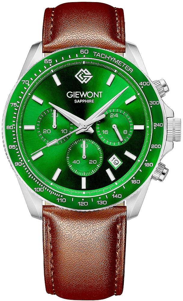 Zegarek męski Giewont GW3520-A6 Chronograph Sapphire na pasku brązowym, zielona tarcza Zegarek męski Giewont GW3520-A6 Chronograph Sapphire na pasku brązowym, zielona tarcza