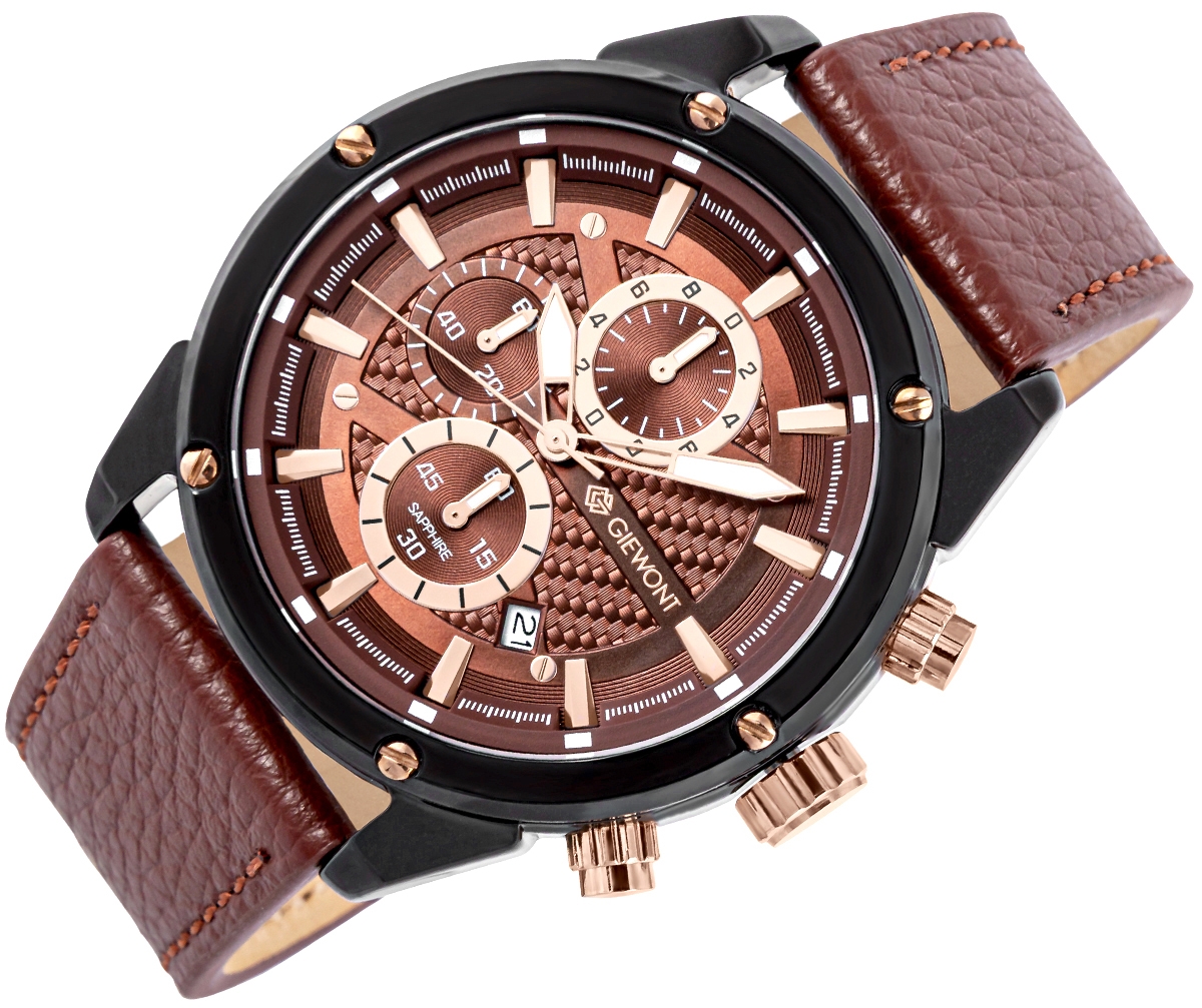 Zegarek męski Giewont GW8810-A3 Chronograph Sapphire na pasku brązowym, brązowa tarcza - zdjęcie 3 Zegarek męski Giewont GW8810-A3 Chronograph Sapphire na pasku brązowym, brązowa tarcza - zdjęcie 3