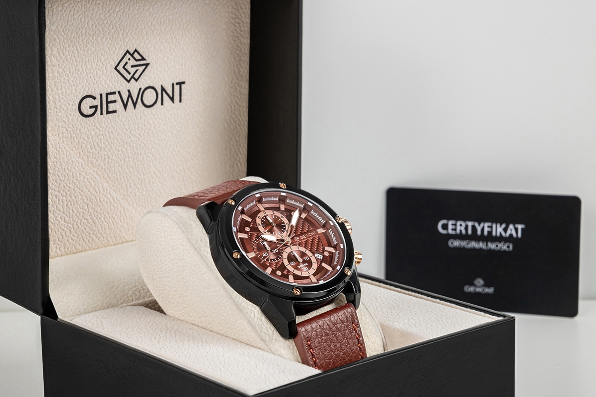 Zegarek męski Giewont GW8810-A3 Chronograph Sapphire na pasku brązowym, brązowa tarcza - zdjęcie 8 Zegarek męski Giewont GW8810-A3 Chronograph Sapphire na pasku brązowym, brązowa tarcza - zdjęcie 8