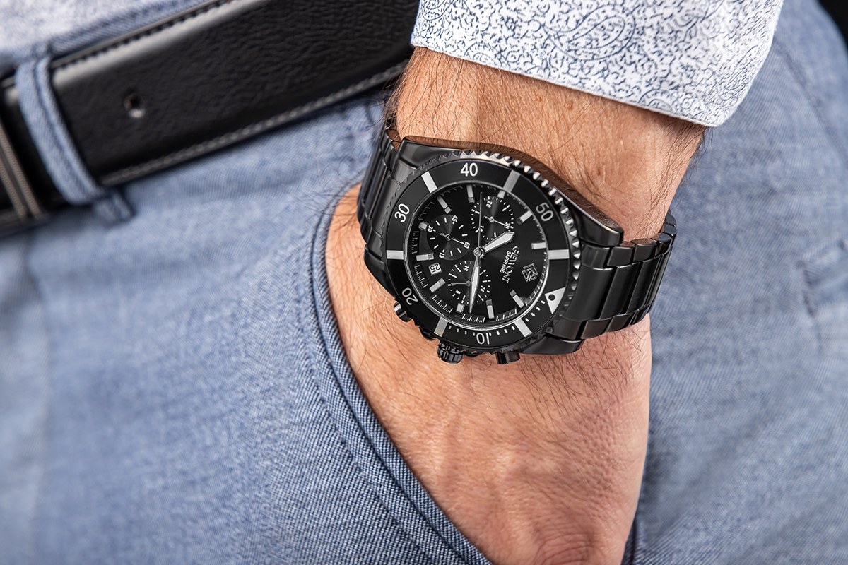 Zegarek męski Giewont GW3970-B4 Chronograph Sapphire na bransolecie czarnej, czarna tarcza - zdjęcie 3 Zegarek męski Giewont GW3970-B4 Chronograph Sapphire na bransolecie czarnej, czarna tarcza - zdjęcie 3