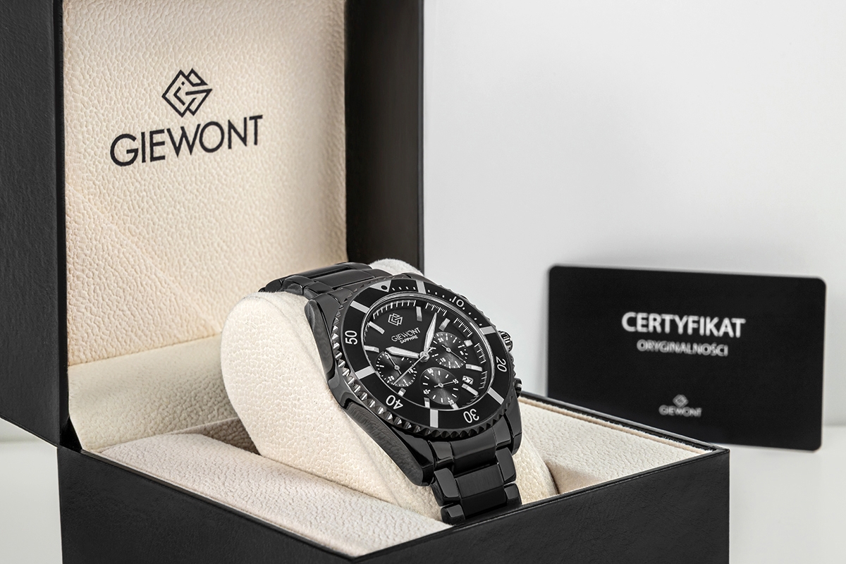 Zegarek męski Giewont GW3970-B4 Chronograph Sapphire na bransolecie czarnej, czarna tarcza - zdjęcie 7 Zegarek męski Giewont GW3970-B4 Chronograph Sapphire na bransolecie czarnej, czarna tarcza - zdjęcie 7