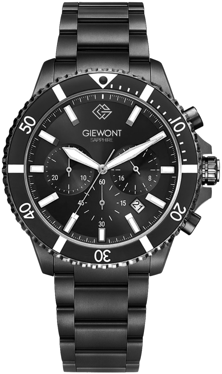 Zegarek męski Giewont GW3970-B4 Chronograph Sapphire na bransolecie czarnej, czarna tarcza Zegarek męski Giewont GW3970-B4 Chronograph Sapphire na bransolecie czarnej, czarna tarcza