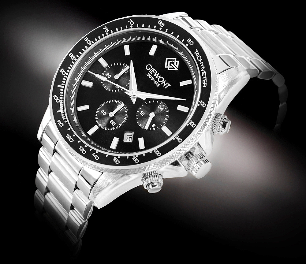 Zegarek męski Giewont GW3520-B2 Chronograph Sapphire na bransolecie srebrnej, czarna tarcza - zdjęcie 2 Zegarek męski Giewont GW3520-B2 Chronograph Sapphire na bransolecie srebrnej, czarna tarcza - zdjęcie 2