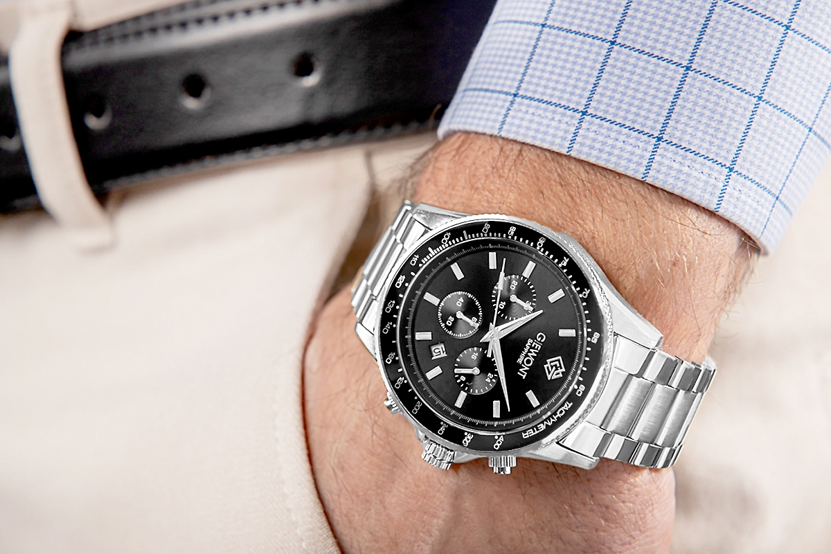 Zegarek męski Giewont GW3520-B2 Chronograph Sapphire na bransolecie srebrnej, czarna tarcza - zdjęcie 3 Zegarek męski Giewont GW3520-B2 Chronograph Sapphire na bransolecie srebrnej, czarna tarcza - zdjęcie 3
