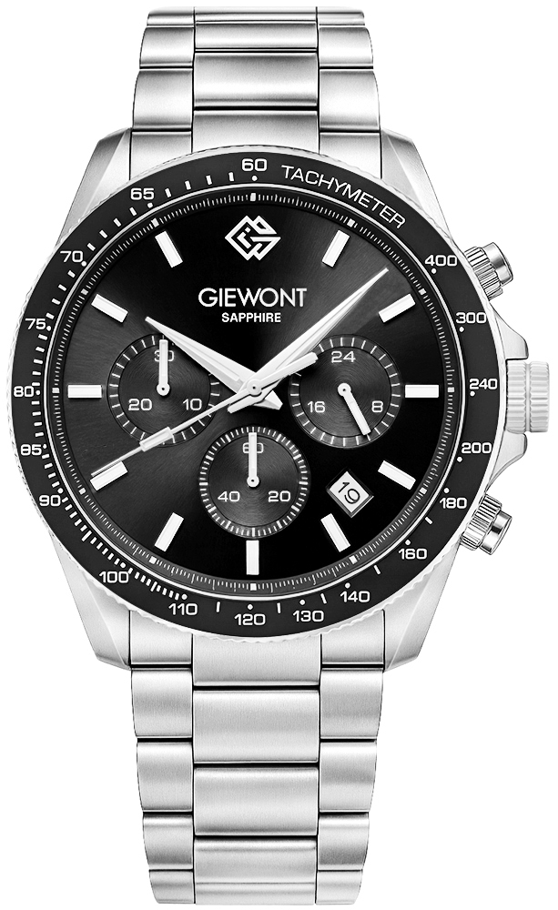 Zegarek męski Giewont GW3520-B2 Chronograph Sapphire na bransolecie srebrnej, czarna tarcza Zegarek męski Giewont GW3520-B2 Chronograph Sapphire na bransolecie srebrnej, czarna tarcza
