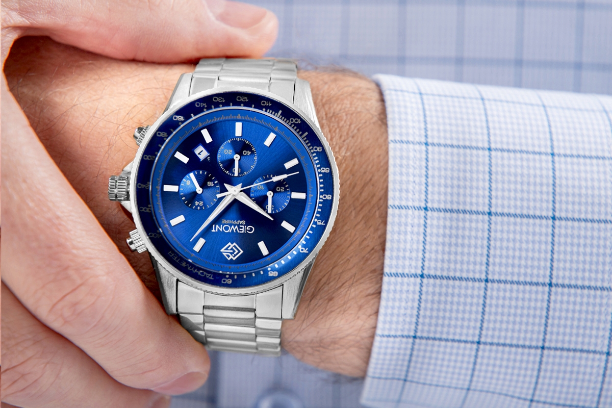 Zegarek męski Giewont GW3520-B3 Chronograph Sapphire na bransolecie srebrnej, niebieska tarcza - zdjęcie 4 Zegarek męski Giewont GW3520-B3 Chronograph Sapphire na bransolecie srebrnej, niebieska tarcza - zdjęcie 4