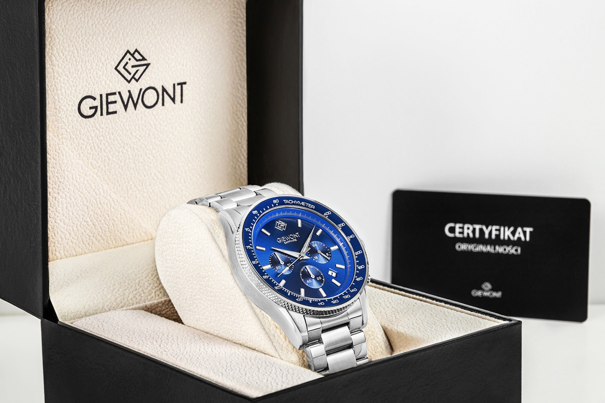 Zegarek męski Giewont GW3520-B3 Chronograph Sapphire na bransolecie srebrnej, niebieska tarcza - zdjęcie 7 Zegarek męski Giewont GW3520-B3 Chronograph Sapphire na bransolecie srebrnej, niebieska tarcza - zdjęcie 7