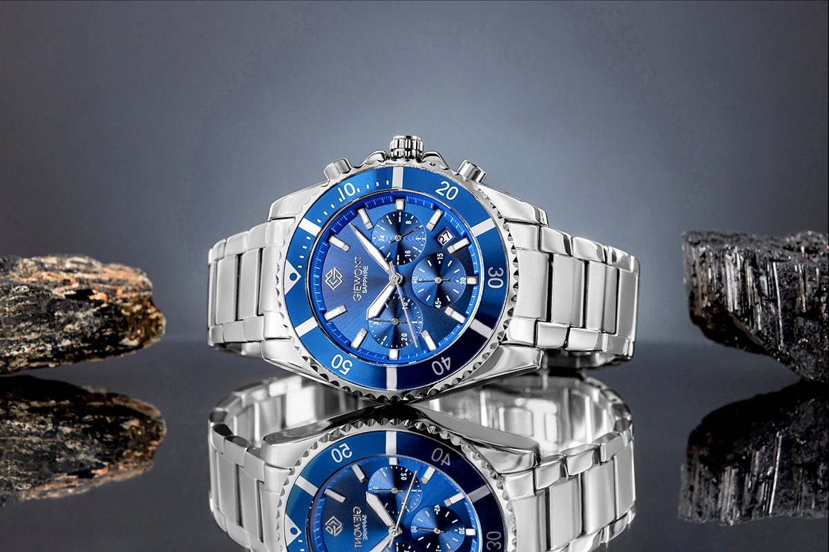 Zegarek męski Giewont GW3970-B3 Chronograph Sapphire na bransolecie srebrnej, niebieska tarcza - zdjęcie 5 Zegarek męski Giewont GW3970-B3 Chronograph Sapphire na bransolecie srebrnej, niebieska tarcza - zdjęcie 5