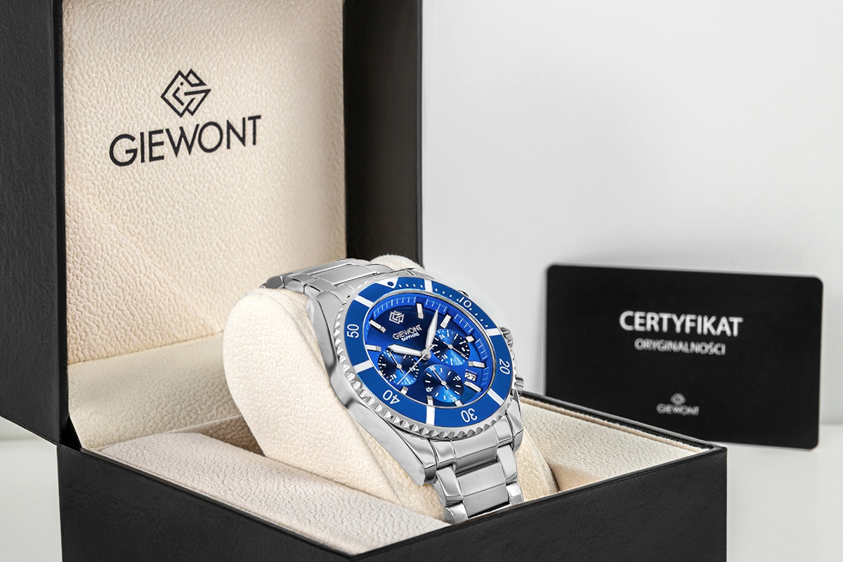 Zegarek męski Giewont GW3970-B3 Chronograph Sapphire na bransolecie srebrnej, niebieska tarcza - zdjęcie 7 Zegarek męski Giewont GW3970-B3 Chronograph Sapphire na bransolecie srebrnej, niebieska tarcza - zdjęcie 7