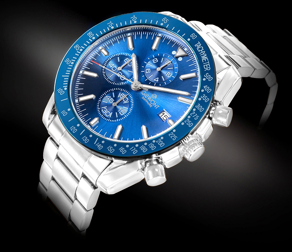 Zegarek męski Giewont GW8720-B3 Chronograph Sapphire na bransolecie srebrnej, niebieska tarcza - zdjęcie 2 Zegarek męski Giewont GW8720-B3 Chronograph Sapphire na bransolecie srebrnej, niebieska tarcza - zdjęcie 2
