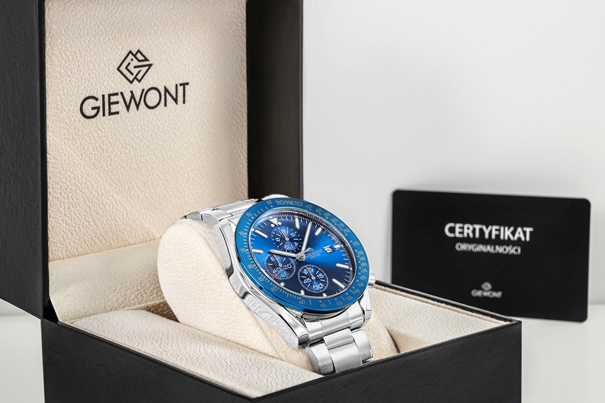 Zegarek męski Giewont GW8720-B3 Chronograph Sapphire na bransolecie srebrnej, niebieska tarcza - zdjęcie 7 Zegarek męski Giewont GW8720-B3 Chronograph Sapphire na bransolecie srebrnej, niebieska tarcza - zdjęcie 7