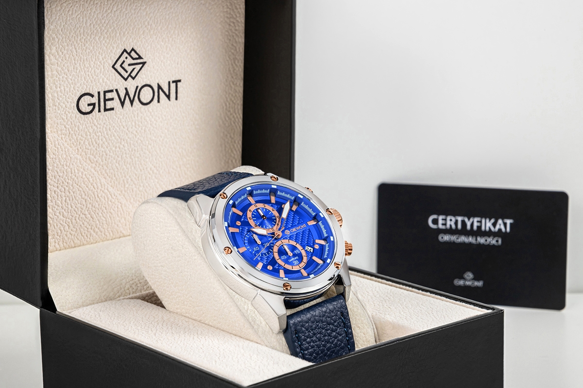 Zegarek męski Giewont GW8810-A2 Chronograph Sapphire na pasku granatowym, niebieska tarcza - zdjęcie 8 Zegarek męski Giewont GW8810-A2 Chronograph Sapphire na pasku granatowym, niebieska tarcza - zdjęcie 8
