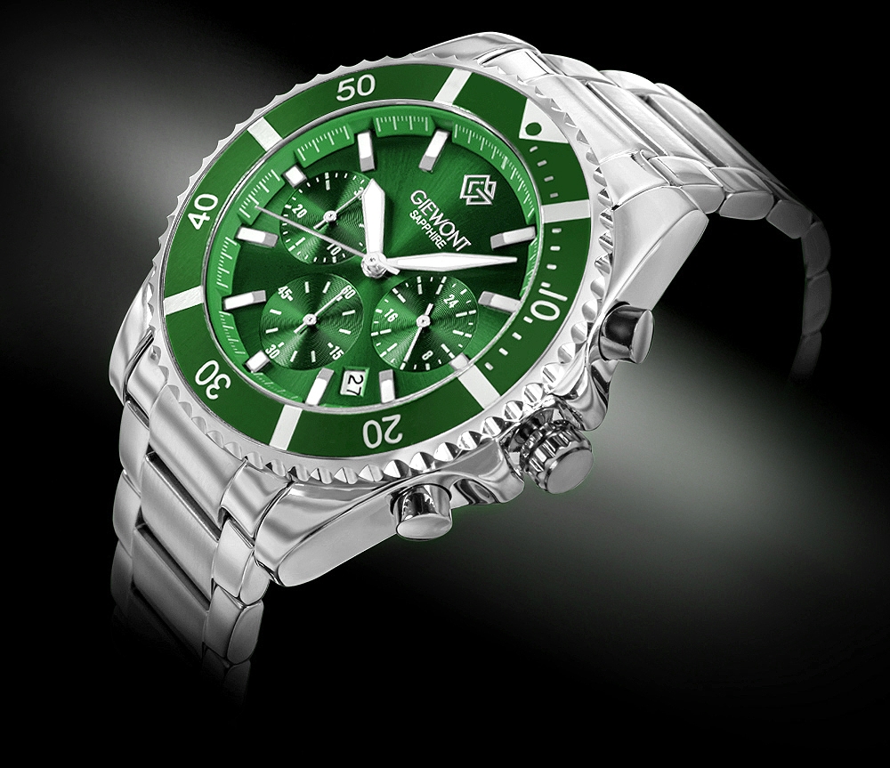 Zegarek męski Giewont GW3970-B8 Chronograph Sapphire na bransolecie srebrnej, zielona tarcza - zdjęcie 2 Zegarek męski Giewont GW3970-B8 Chronograph Sapphire na bransolecie srebrnej, zielona tarcza - zdjęcie 2