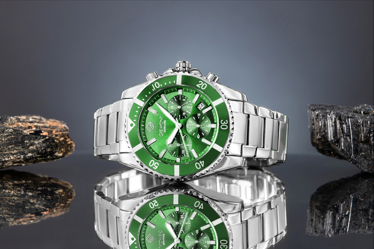 Zegarek męski Giewont GW3970-B8 Chronograph Sapphire na bransolecie srebrnej, zielona tarcza - zdjęcie 5 Zegarek męski Giewont GW3970-B8 Chronograph Sapphire na bransolecie srebrnej, zielona tarcza - zdjęcie 5