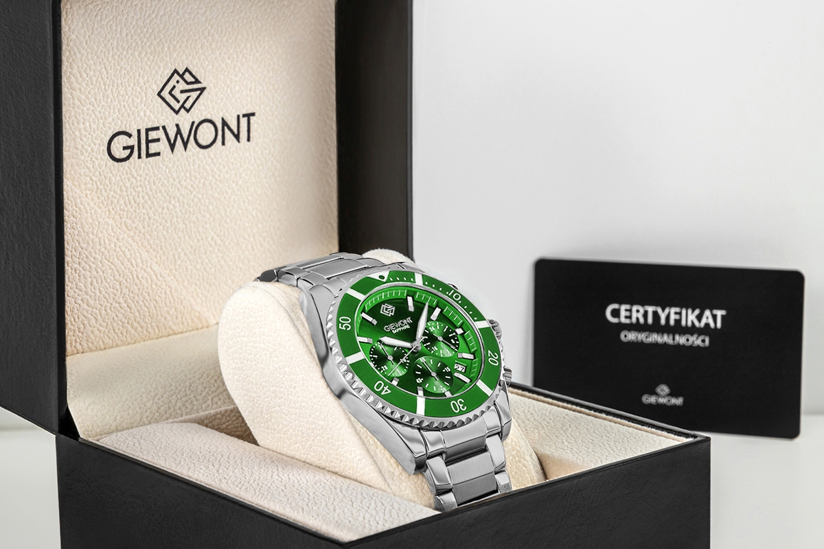 Zegarek męski Giewont GW3970-B8 Chronograph Sapphire na bransolecie srebrnej, zielona tarcza - zdjęcie 7 Zegarek męski Giewont GW3970-B8 Chronograph Sapphire na bransolecie srebrnej, zielona tarcza - zdjęcie 7