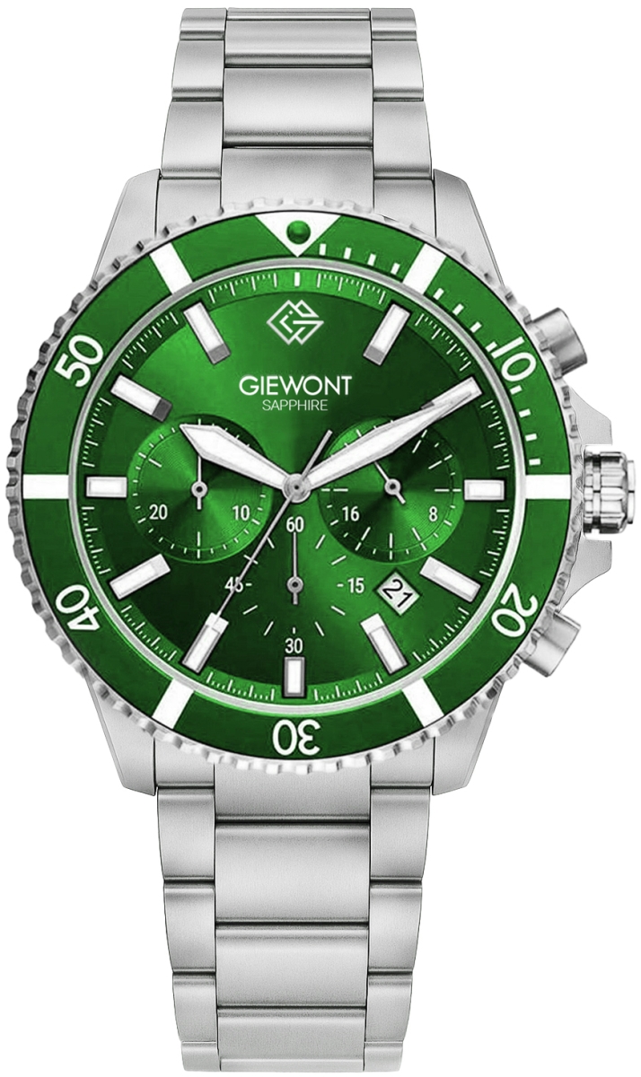 Zegarek męski Giewont GW3970-B8 Chronograph Sapphire na bransolecie srebrnej, zielona tarcza Zegarek męski Giewont GW3970-B8 Chronograph Sapphire na bransolecie srebrnej, zielona tarcza