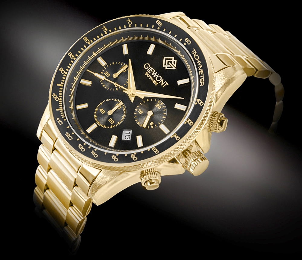 Zegarek męski Giewont GW3520-B4 Chronograph Sapphire na bransolecie złotej, czarna tarcza - zdjęcie 2 Zegarek męski Giewont GW3520-B4 Chronograph Sapphire na bransolecie złotej, czarna tarcza - zdjęcie 2