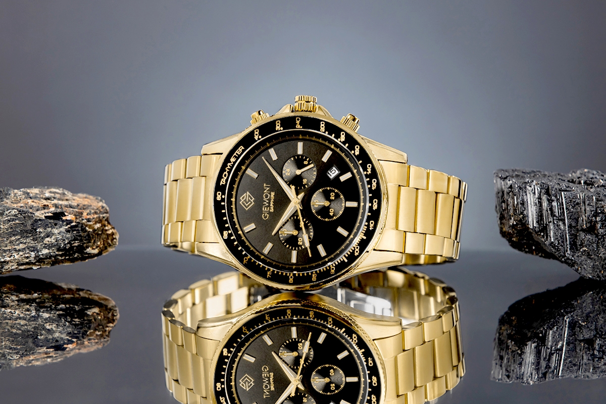 Zegarek męski Giewont GW3520-B4 Chronograph Sapphire na bransolecie złotej, czarna tarcza - zdjęcie 5 Zegarek męski Giewont GW3520-B4 Chronograph Sapphire na bransolecie złotej, czarna tarcza - zdjęcie 5
