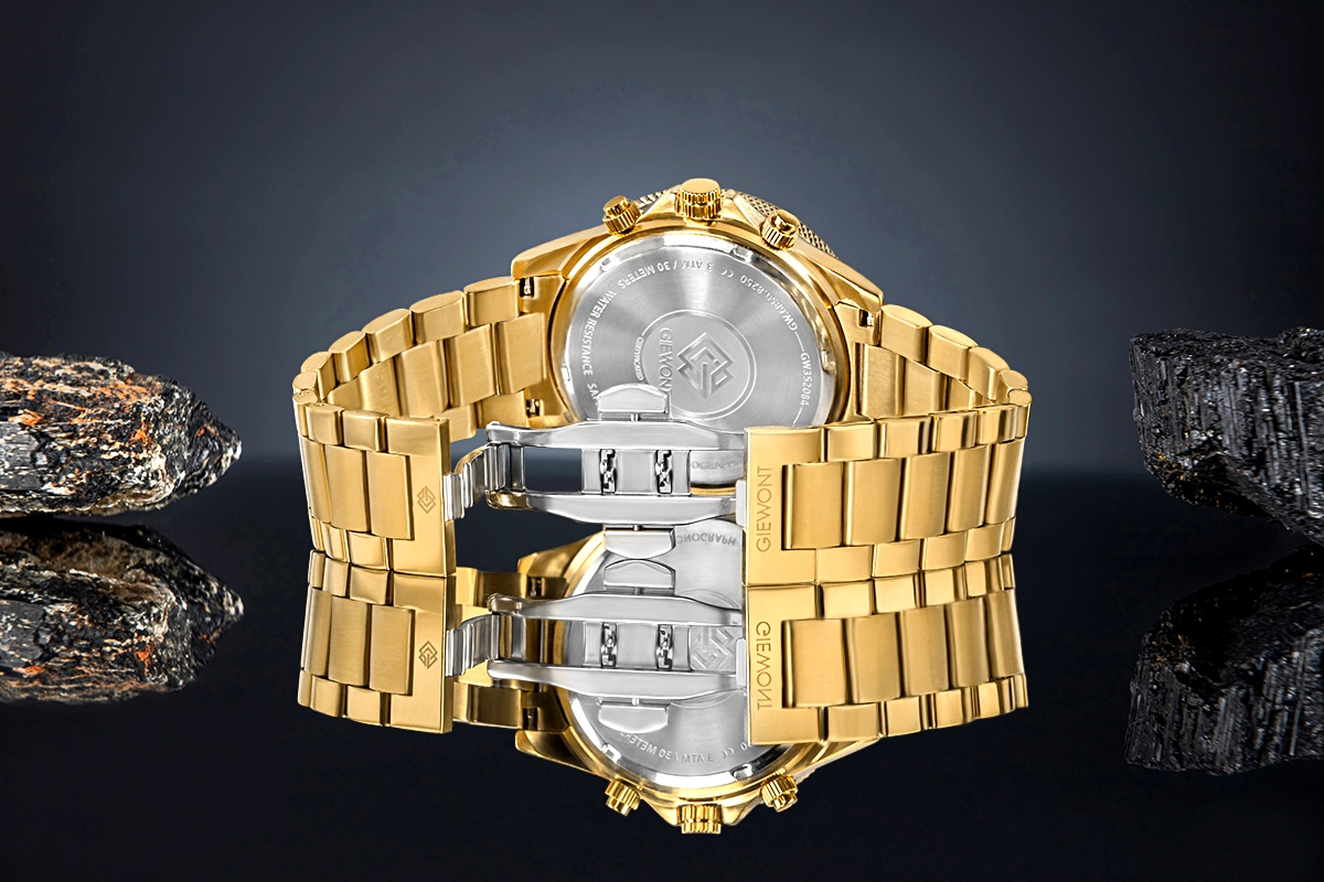 Zegarek męski Giewont GW3520-B4 Chronograph Sapphire na bransolecie złotej, czarna tarcza - zdjęcie 6 Zegarek męski Giewont GW3520-B4 Chronograph Sapphire na bransolecie złotej, czarna tarcza - zdjęcie 6