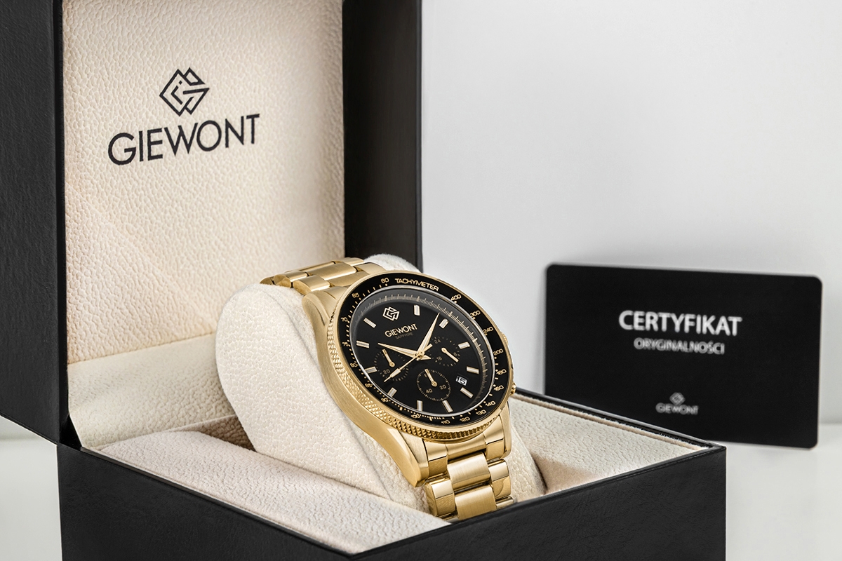 Zegarek męski Giewont GW3520-B4 Chronograph Sapphire na bransolecie złotej, czarna tarcza - zdjęcie 7 Zegarek męski Giewont GW3520-B4 Chronograph Sapphire na bransolecie złotej, czarna tarcza - zdjęcie 7