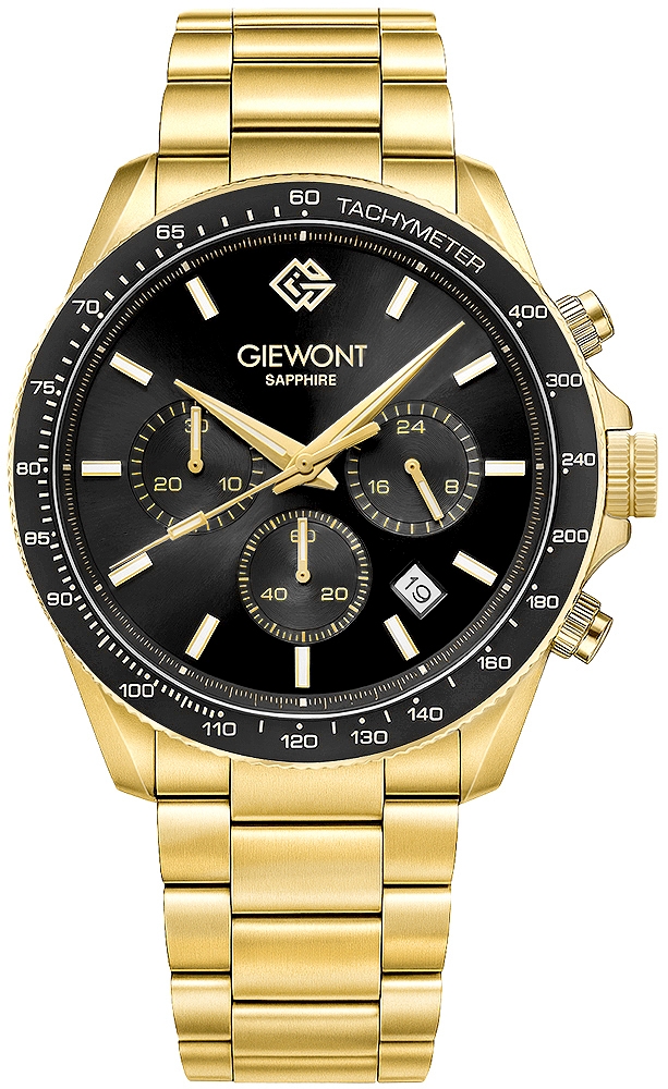 Zegarek męski Giewont GW3520-B4 Chronograph Sapphire na bransolecie złotej, czarna tarcza Zegarek męski Giewont GW3520-B4 Chronograph Sapphire na bransolecie złotej, czarna tarcza