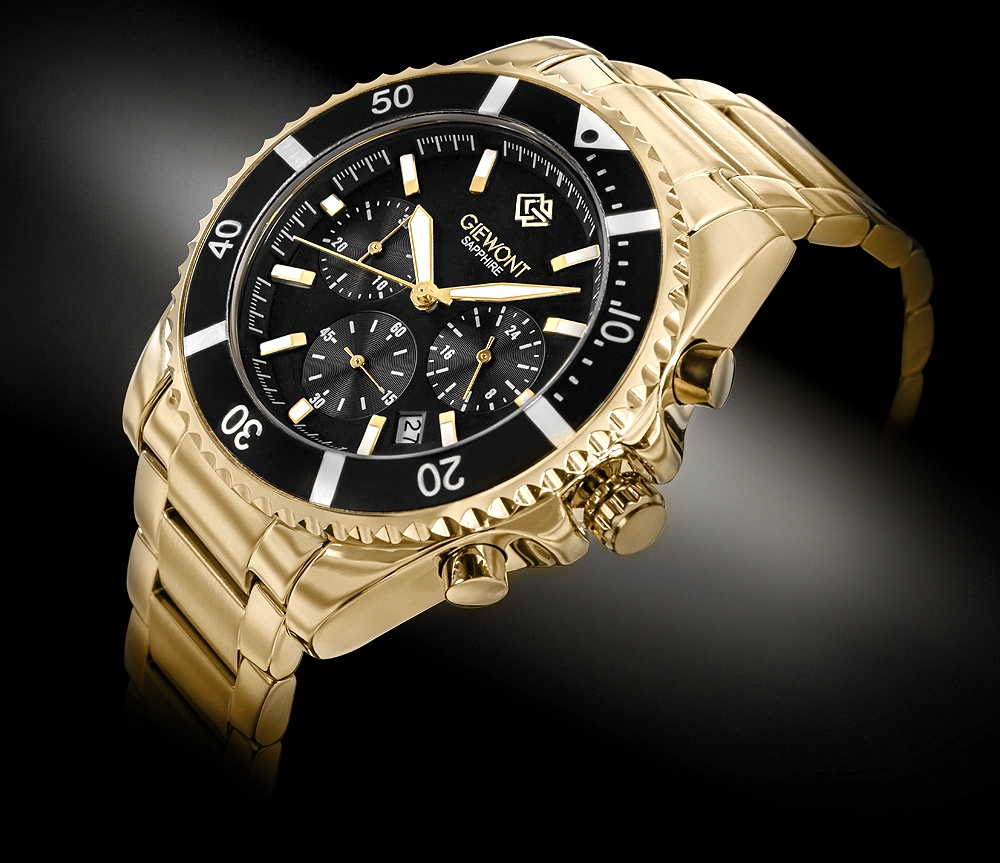 Zegarek męski Giewont GW3970-B7 Chronograph Sapphire na bransolecie złotej, czarna tarcza - zdjęcie 2 Zegarek męski Giewont GW3970-B7 Chronograph Sapphire na bransolecie złotej, czarna tarcza - zdjęcie 2