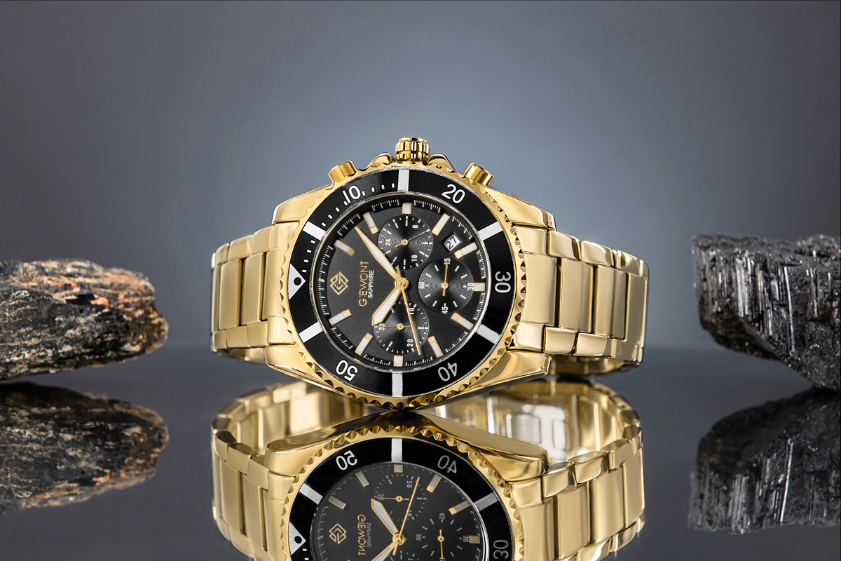 Zegarek męski Giewont GW3970-B7 Chronograph Sapphire na bransolecie złotej, czarna tarcza - zdjęcie 5 Zegarek męski Giewont GW3970-B7 Chronograph Sapphire na bransolecie złotej, czarna tarcza - zdjęcie 5
