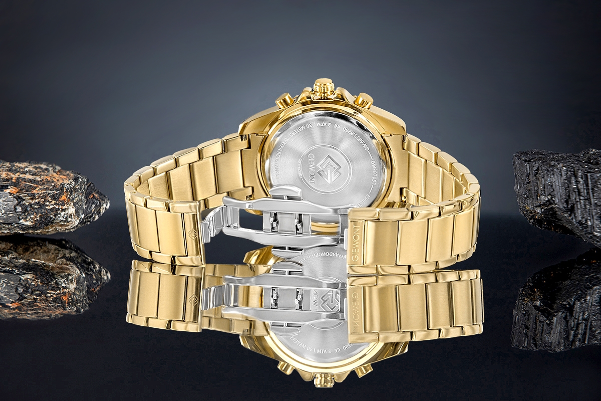 Zegarek męski Giewont GW3970-B7 Chronograph Sapphire na bransolecie złotej, czarna tarcza - zdjęcie 6 Zegarek męski Giewont GW3970-B7 Chronograph Sapphire na bransolecie złotej, czarna tarcza - zdjęcie 6