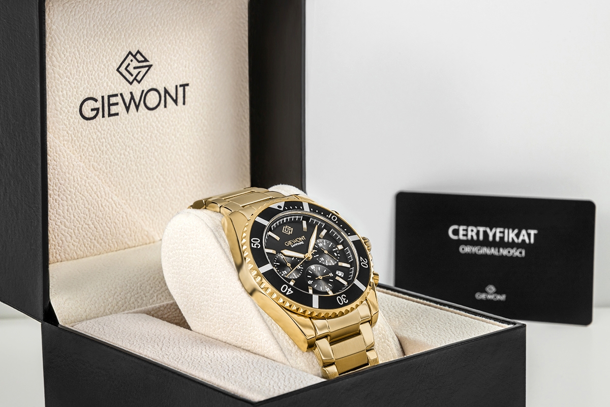 Zegarek męski Giewont GW3970-B7 Chronograph Sapphire na bransolecie złotej, czarna tarcza - zdjęcie 7 Zegarek męski Giewont GW3970-B7 Chronograph Sapphire na bransolecie złotej, czarna tarcza - zdjęcie 7