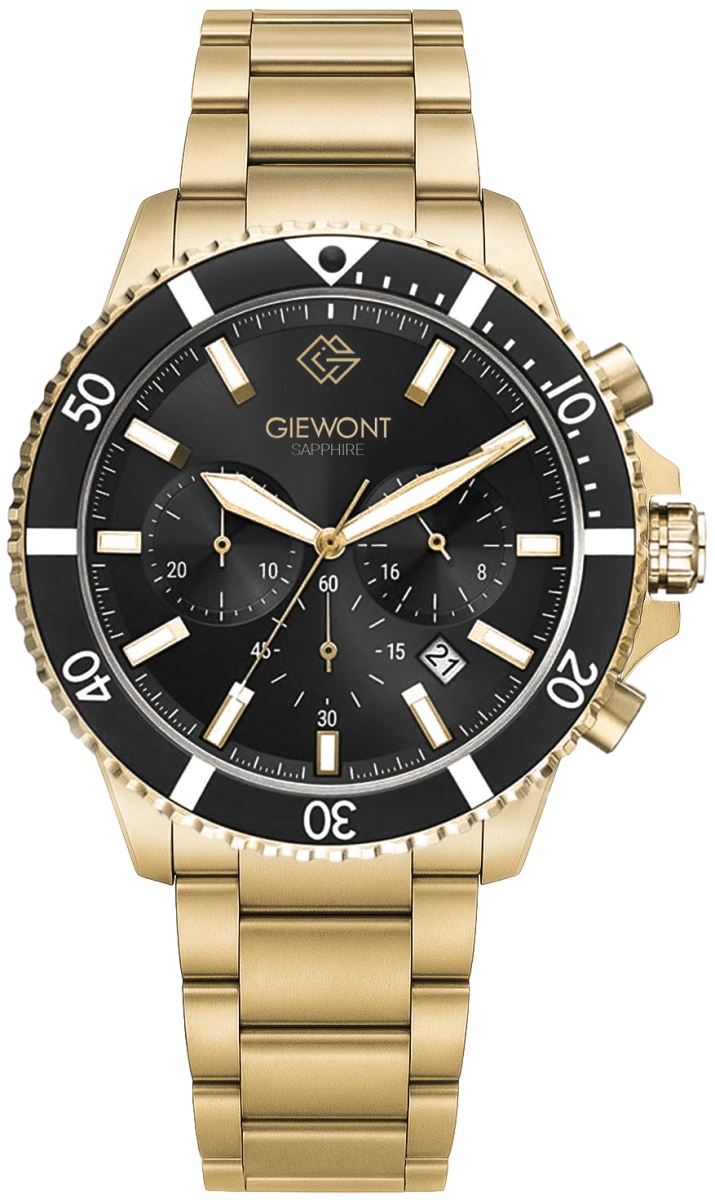 Zegarek męski Giewont GW3970-B7 Chronograph Sapphire na bransolecie złotej, czarna tarcza Zegarek męski Giewont GW3970-B7 Chronograph Sapphire na bransolecie złotej, czarna tarcza