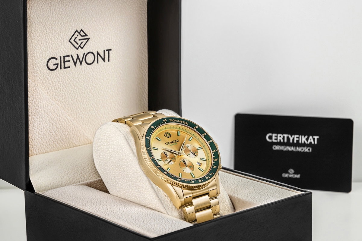 Zegarek męski Giewont GW3520-B6 Chronograph Sapphire na bransolecie złotej, złota tarcza - zdjęcie 7 Zegarek męski Giewont GW3520-B6 Chronograph Sapphire na bransolecie złotej, złota tarcza - zdjęcie 7