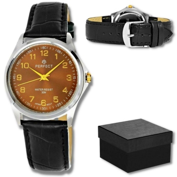 Zegarek męski marki Perfect na czarnym skórzanym pasku z czarną nitką. Złote wskazówki i indeksy na brązowej, metalicznej tarczy z cyframi arabskimi. Srebrna koperta zegarka w rozmiarze 38 mm.