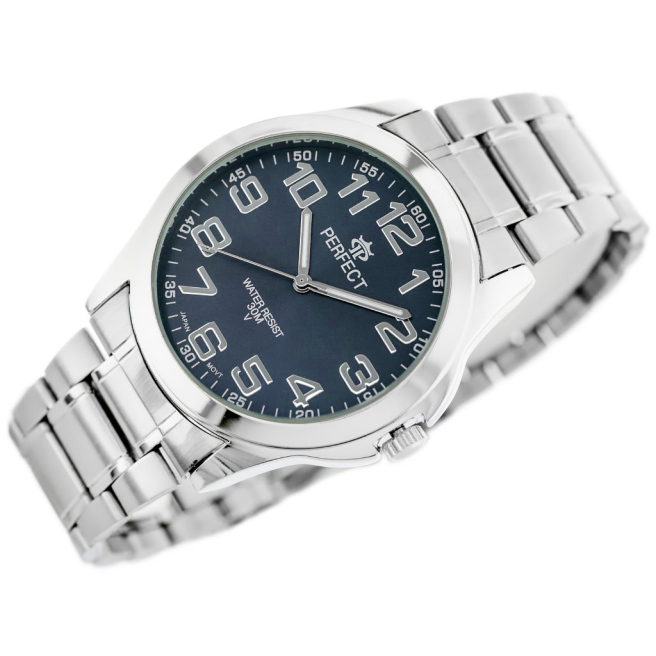 Zegarek męski marki Perfect na srebrnej bransolecie. Srebrne, fluorescencyjne wskazówki i indeksy na niebieskiej tarczy z cyframi arabskimi. Srebrna koperta zegarka w rozmiarze 41 mm.
