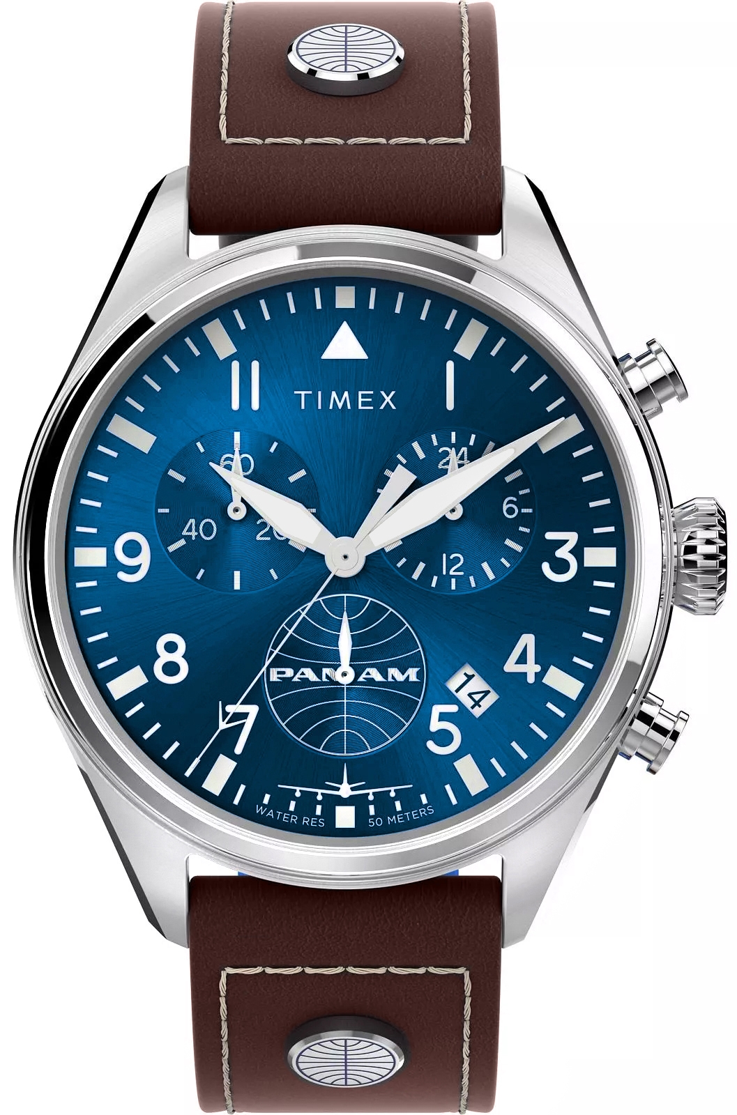 Zegarek męski Timex x Pan Am Waterbury Chronograph TWG030000 na pasku brązowym, granatowa tarcza, WR50