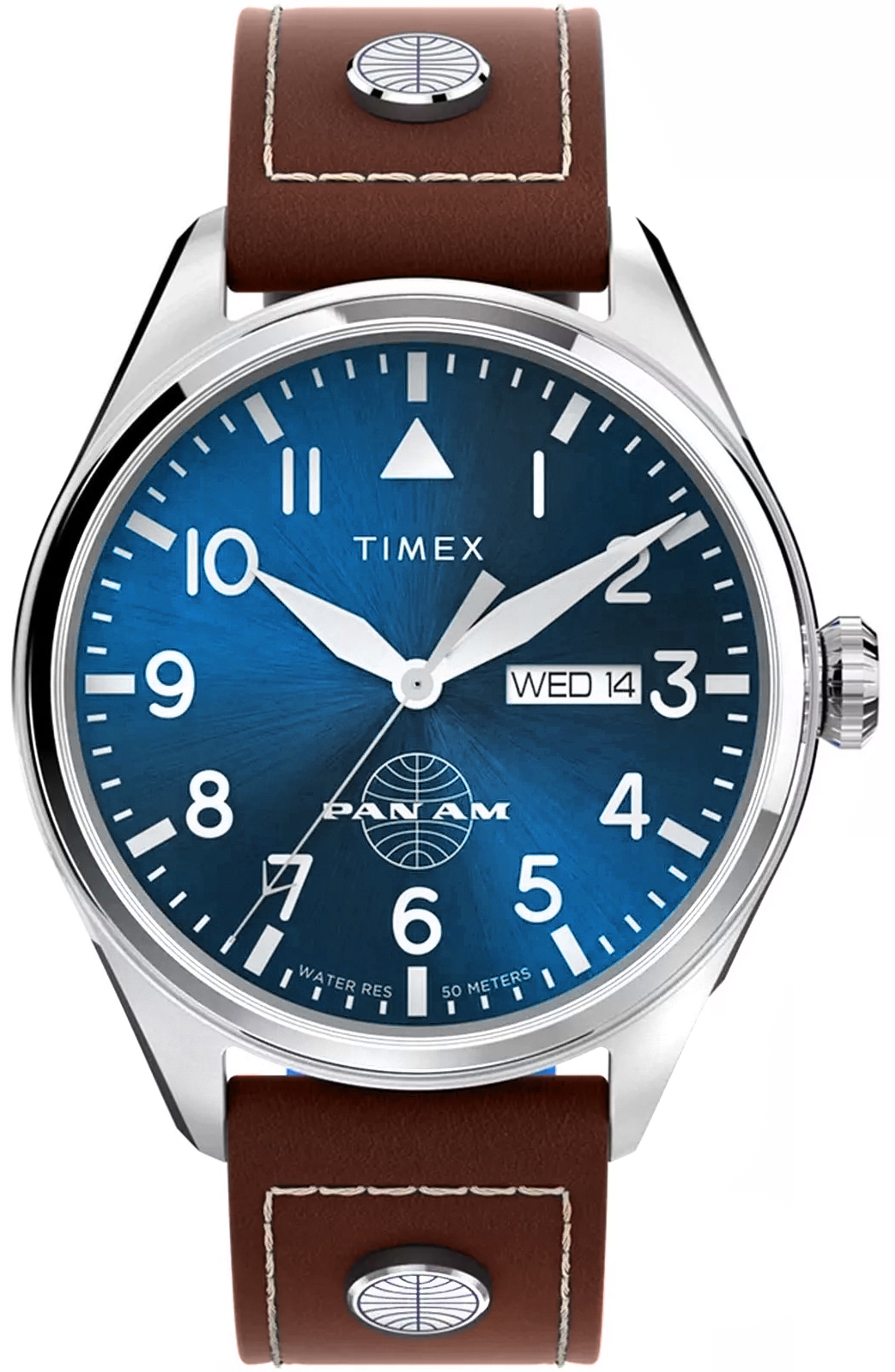Zegarek męski TIMEX X PAN AM® Waterbury TWG030100 na pasku brązowym, granatowa tarcza, WR50
