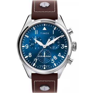 Zegarek męski Timex x Pan Am Waterbury Chronograph TWG030000 na pasku brązowym, granatowa tarcza, WR50