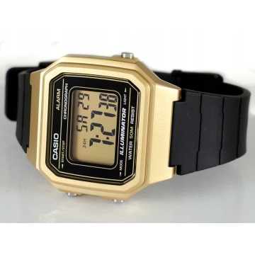 Zegarek Damski/Męski marki Casio na czarnym pasku. Złota koperta zegarka w rozmiarze 38x30 mm.