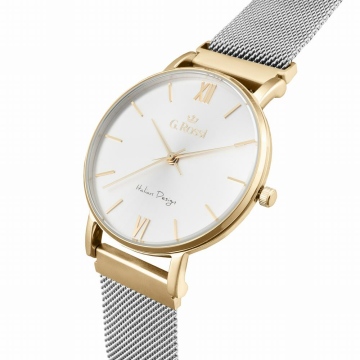 Zegarek damski marki G.rossi na srebrnej bransolecie mesh. Złote wskazówki i indeksy (rzymskie cyfry) na białej, dużej tarczy. Złota koperta zegarka o średnicy 42 mm.